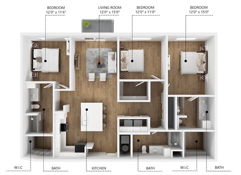 Floor plan for 3 beds, 3 baths, 1565 sqft
